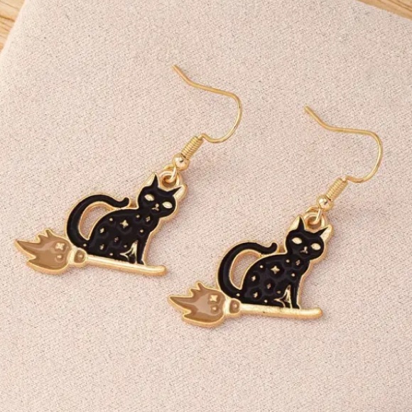 Jewelry - Black Cat Riding Witches Broom Halloween Earrings